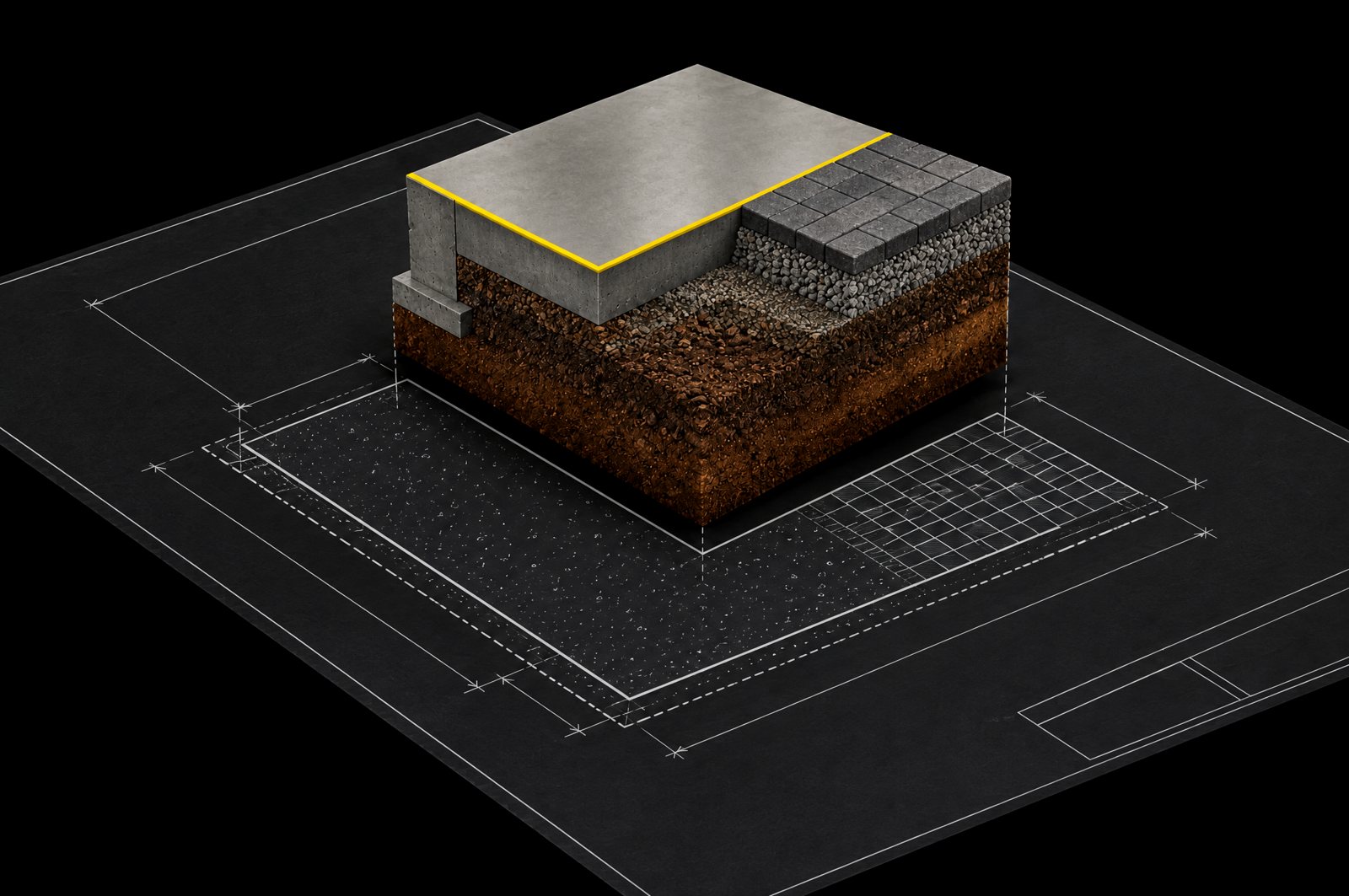 Illustration: a plan sheet and the model rising out of it, for CORE Concrete