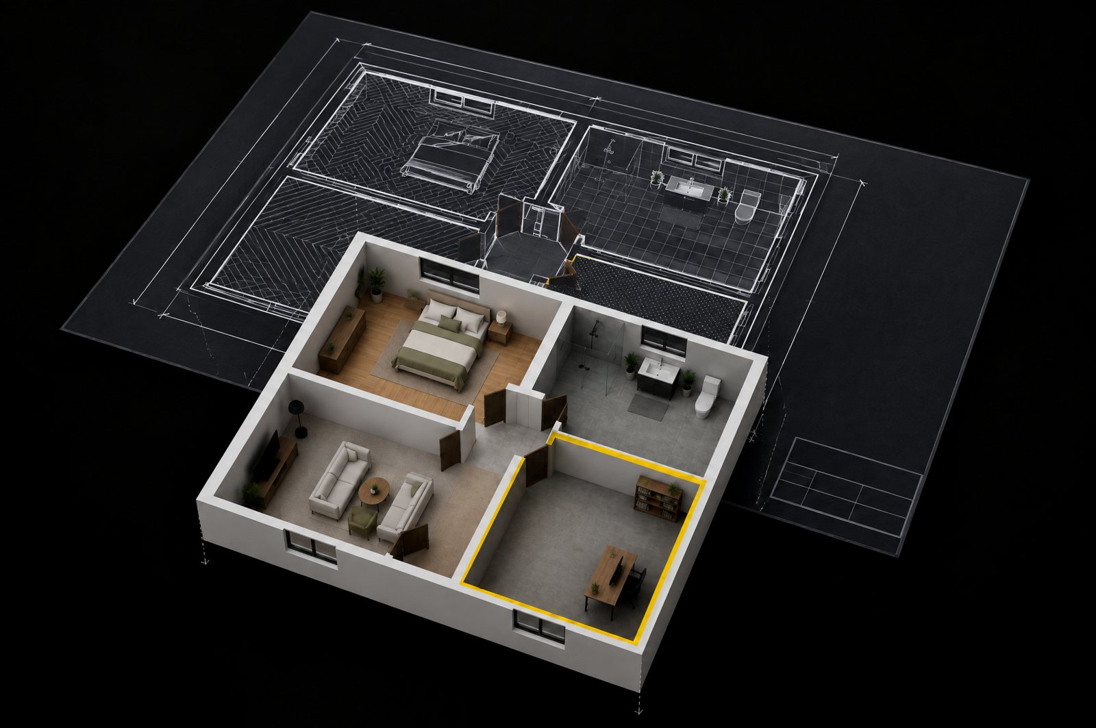 Illustration: a plan sheet and the model rising out of it, for CORE Flooring