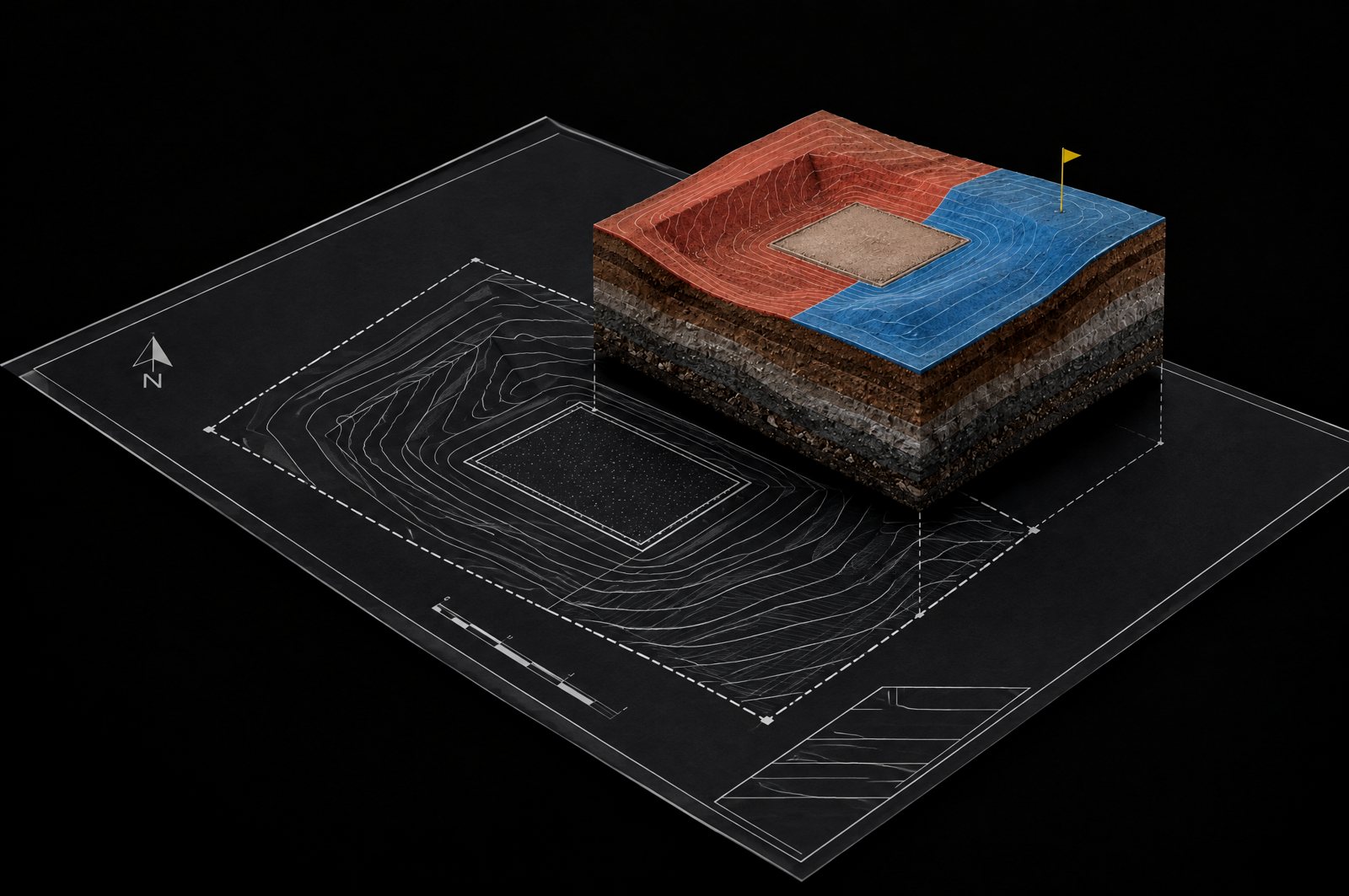 Illustration: a grading plan sheet lying flat, and rising out of it a block of the same ground with the cut tinted red and the fill tinted blue