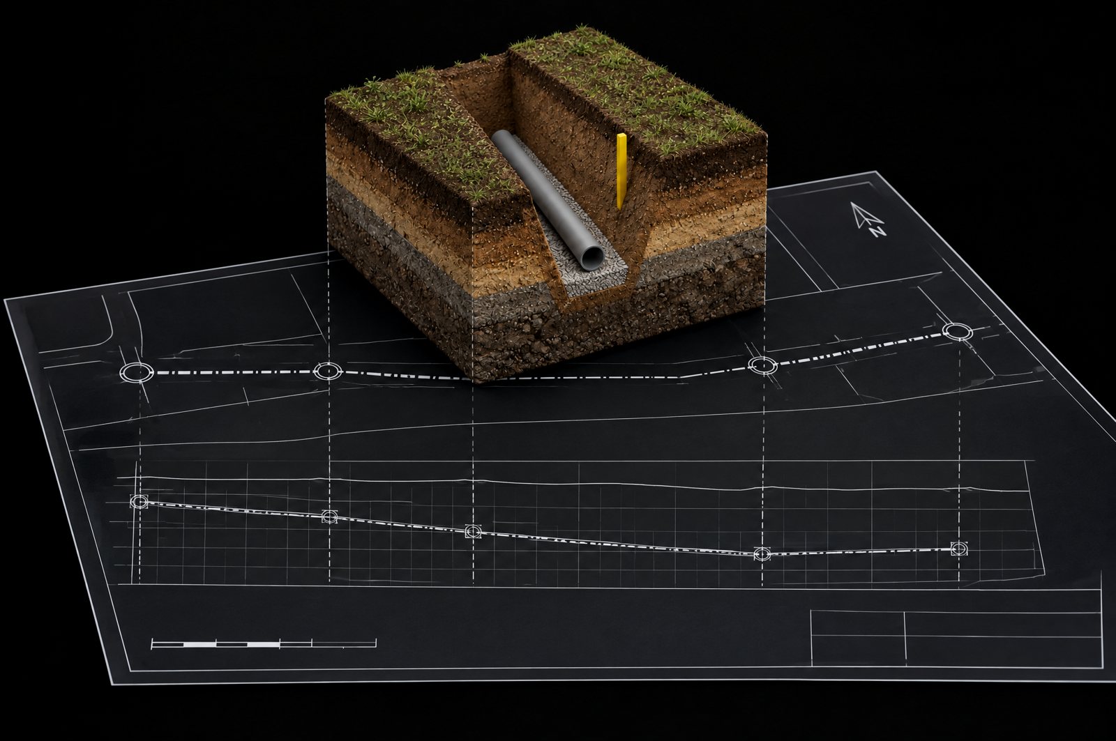 Illustration: a plan sheet and the model rising out of it, for CORE Trenching